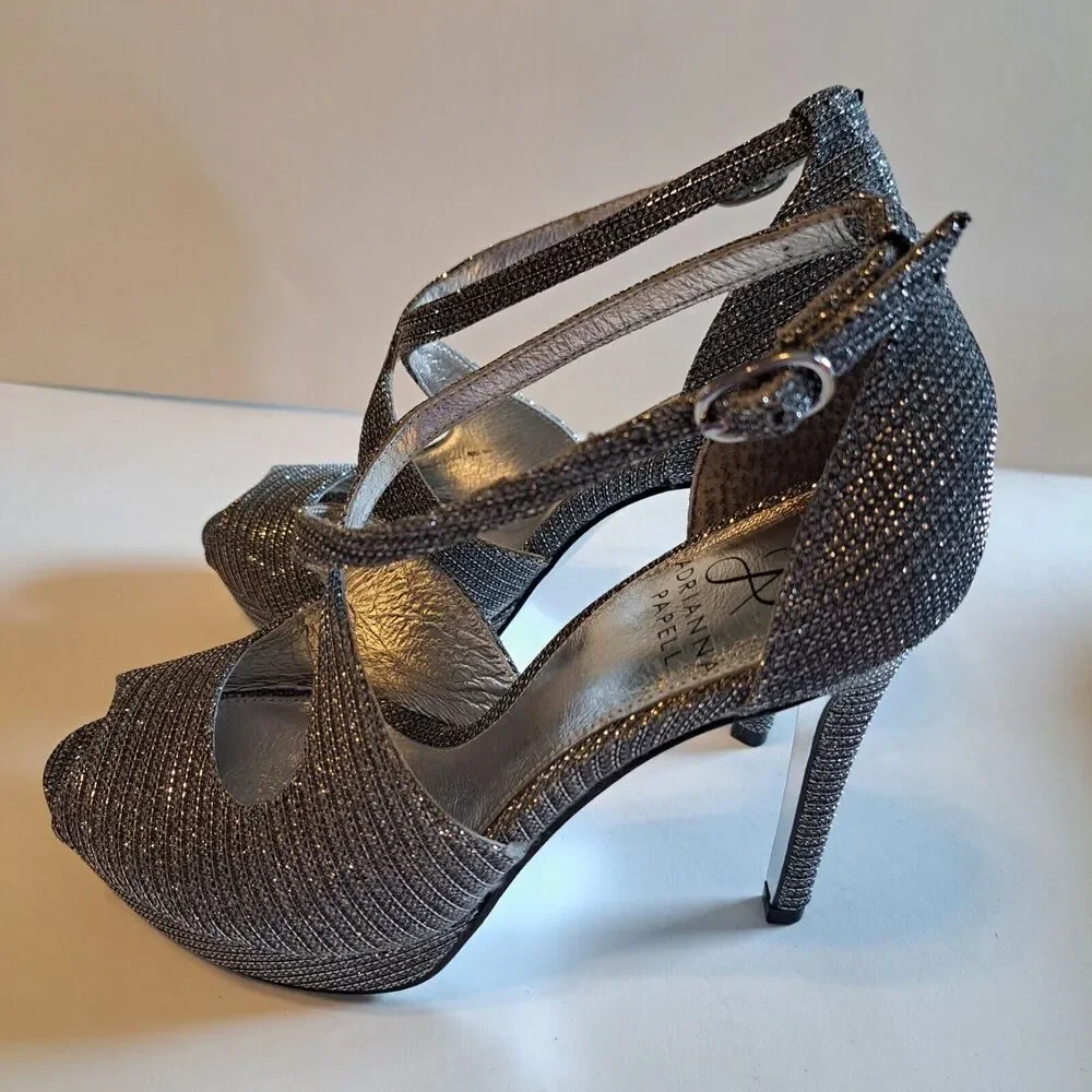 Adrianna Papell Rosalie Pewter Lancelot High Heels Pumps Open Toe Glittery 5.5M